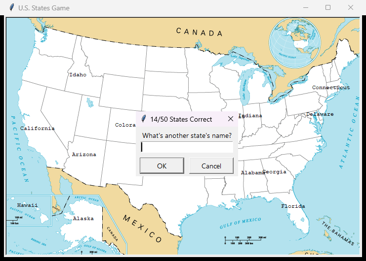 A game in progress: 14 of 50 states named
