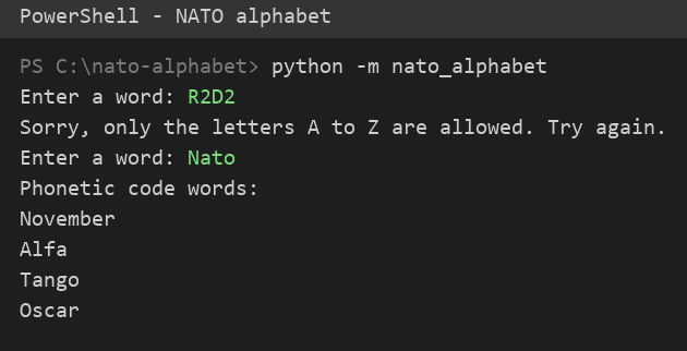 A word with a digit is rejected, then a valid word is spelled