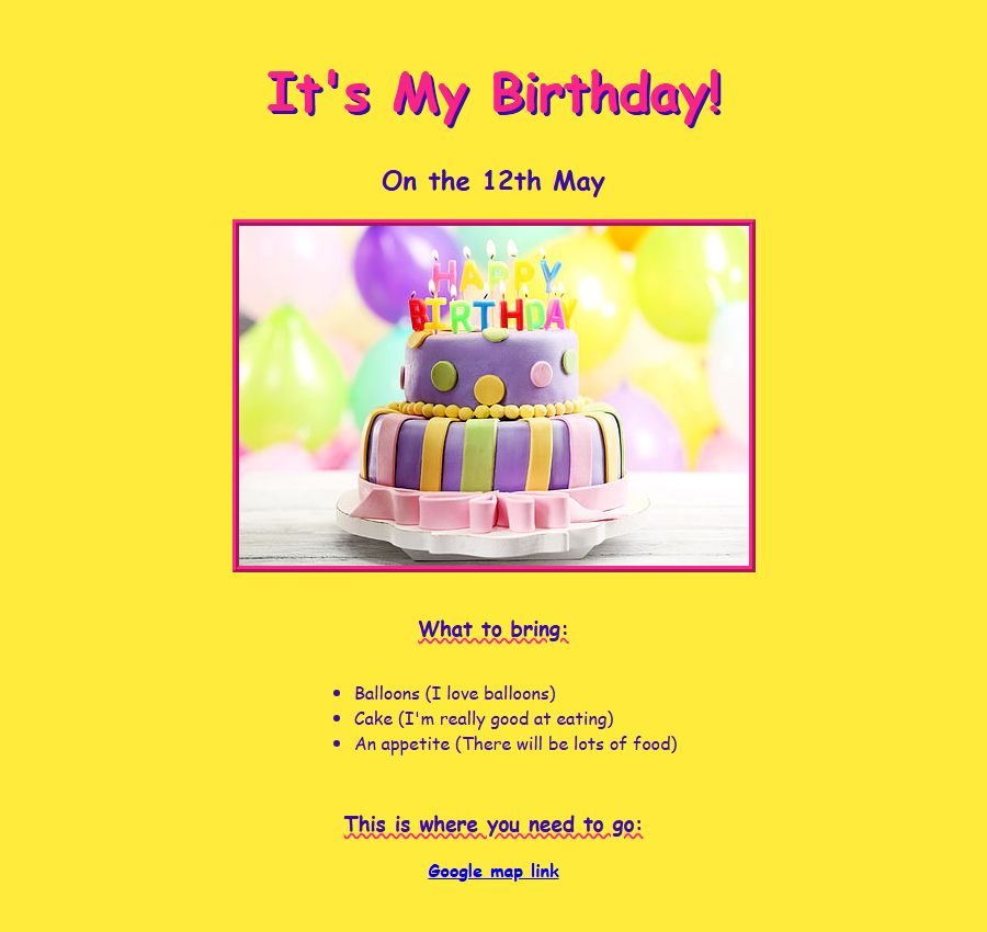 The birthday invitation page
