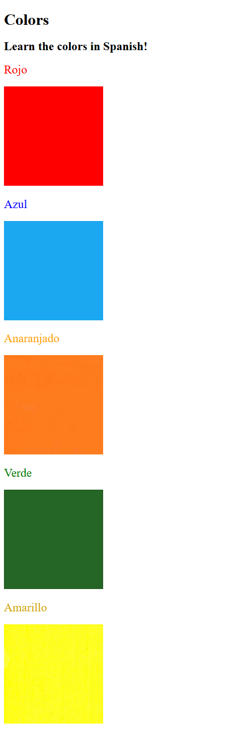 The finished page: Rojo, Azul, Anaranjado, Verde and Amarillo, each above a 200px colour swatch