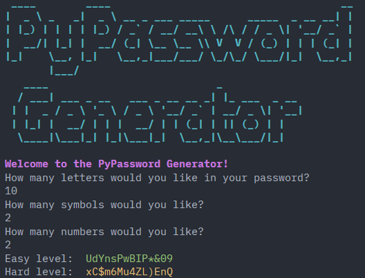 PyPassword Generator running in a terminal